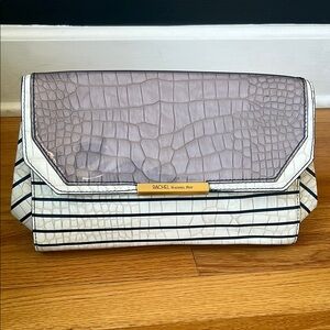 RACHEL Rachel Roy Gray and White Crocodile Embossed Clutch with Navy Stripes
